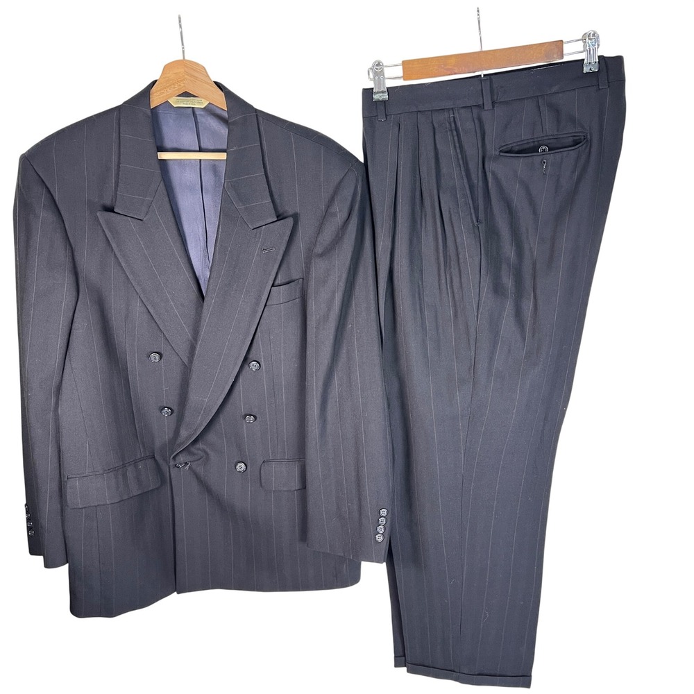 Evan-Picone Mens Navy Blue Pinstripe Wool Double Breasted Suit Set USA Made 42L
